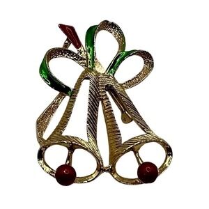 Vintage‎ Gold Tone Christmas Bells Brooch Pin Red Green Enamel Holiday Jewelry